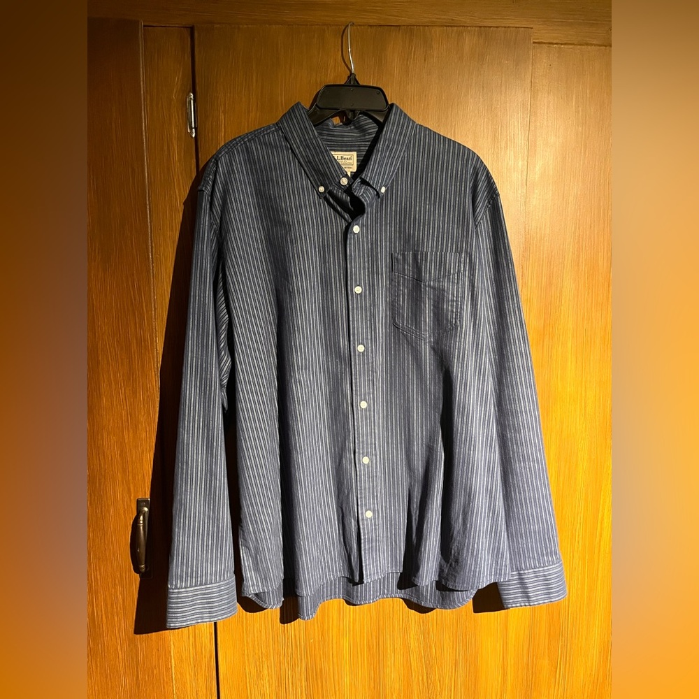 L.L. Bean Men’s Navy and White Pinstripe Button-Down Shirt